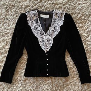 Vintage Scott McClintock Black Velvet White Lace Victorian Style Shirt Blouse
